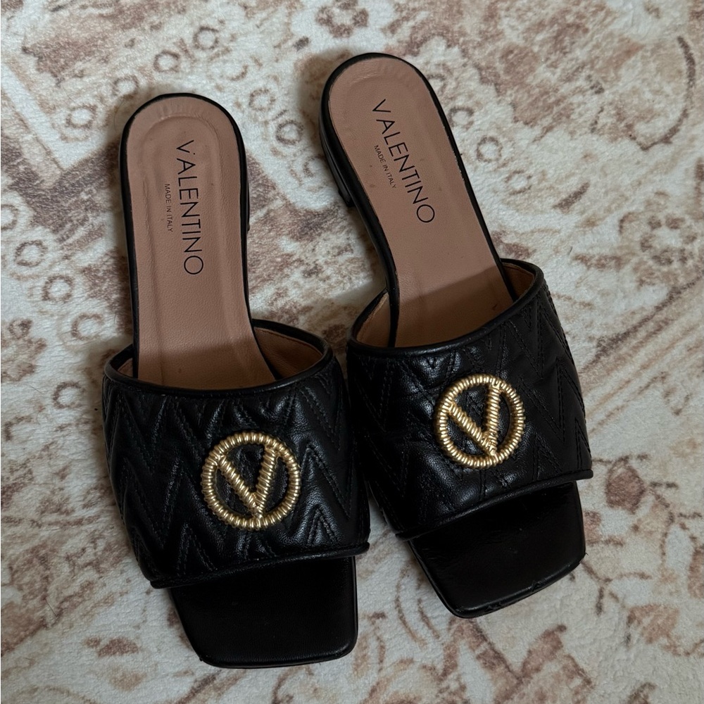 Valentino Black Quilted Slide Sandals with Gold V Logo